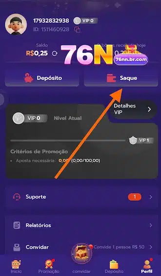 Entre na sua conta Faça o login e clique na opção “Saque”